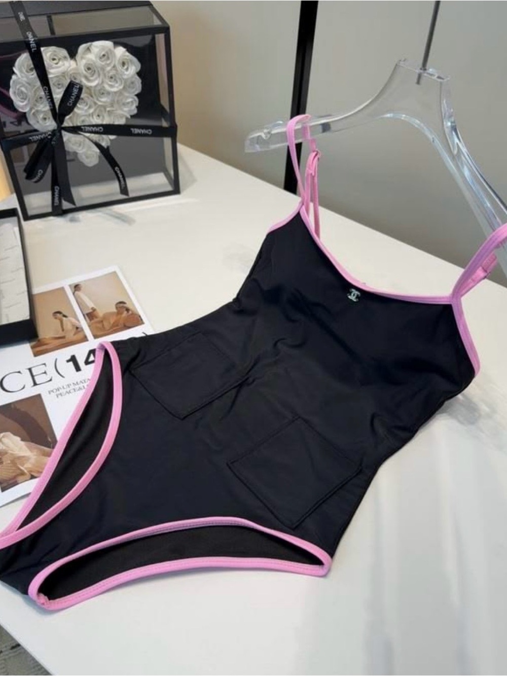 ' Black One-Piece Swimsuit with Pink Trim